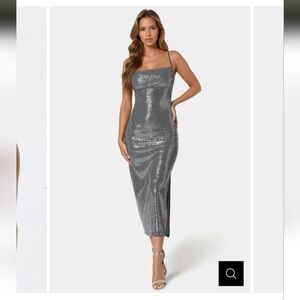 bebe Shimmering Silver Midi Dress